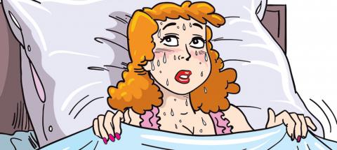 woman experiencing night sweat cartoon