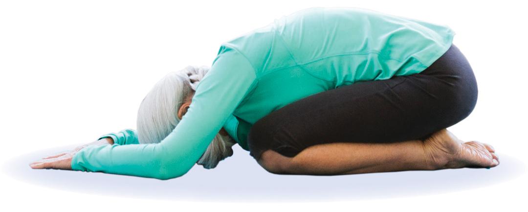 photo of gray-haired woman demonstrating child's pose